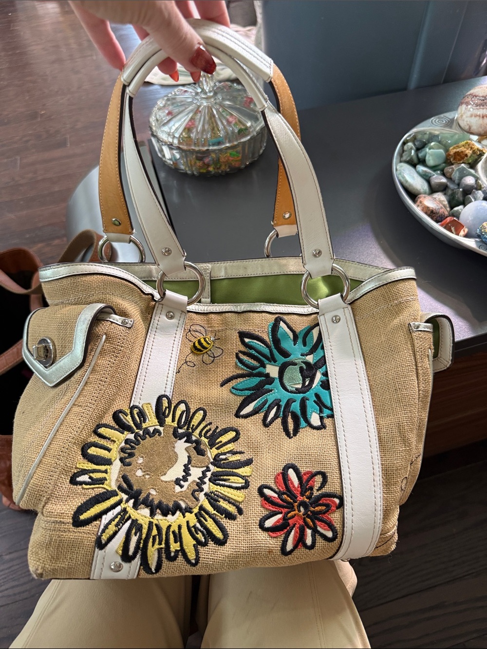 Coach Beige Canvas Tote with Multicolor Floral Embroidery